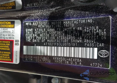 2020 Toyota Avalon Hybrid Limited z USA, uszkodzony, nr VIN 4T1D21FB3LU015191